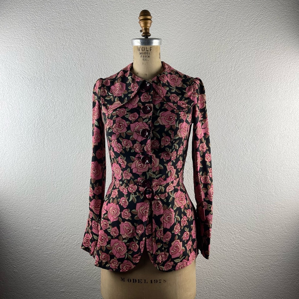 Vintage l 70s S Retro 30s Art Deco Rayon Floral Collar Button Down Peplum Blouse